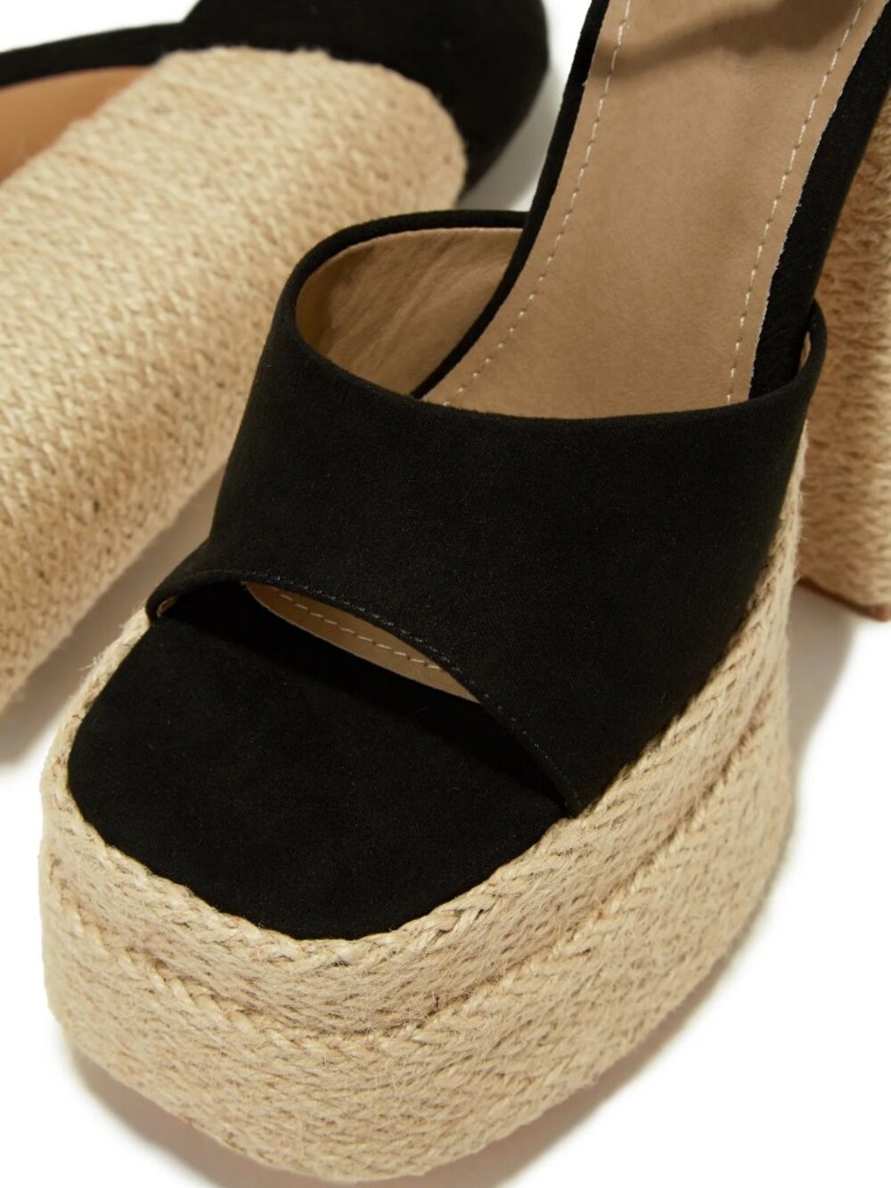 NEW🔥 Black Open Toe Raffia Double Platform Chunky Block Heel Sandal Ankle Strap - Picture 5 of 5